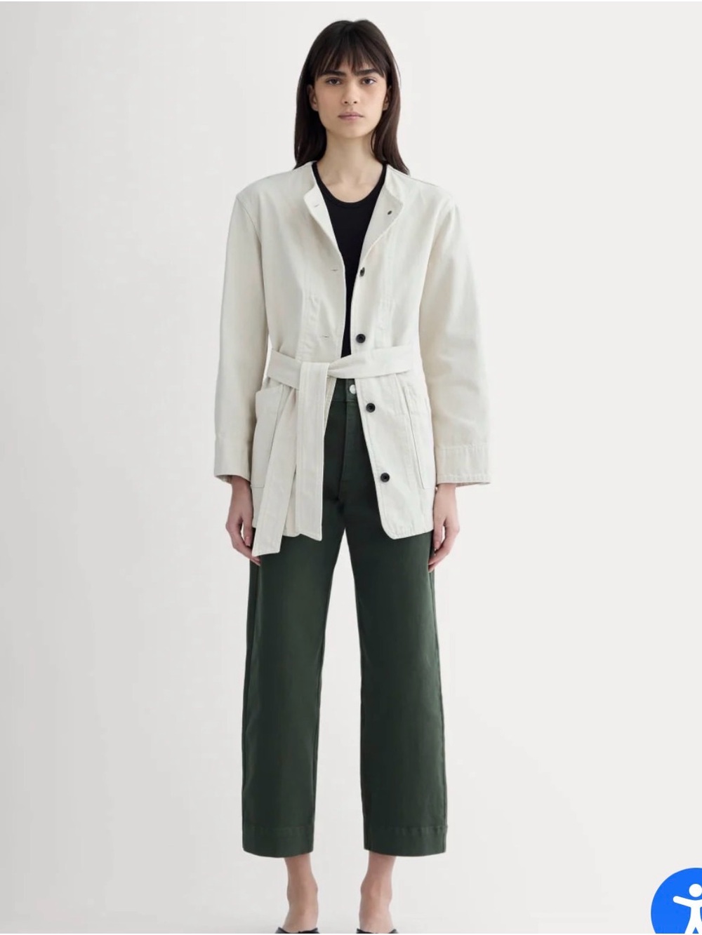 Everlane Dark Green Straight Leg Trousers with Off-White Belted Jacket